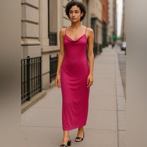 Livi Olivia Rae Midi Dress Hot Pink Bodycon Womens Large Cowl Neck Barbie‎ Core